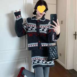 美式复古小狗费尔岛花纹毛衣外套女秋冬季慵懒风高腰半身裙两件套