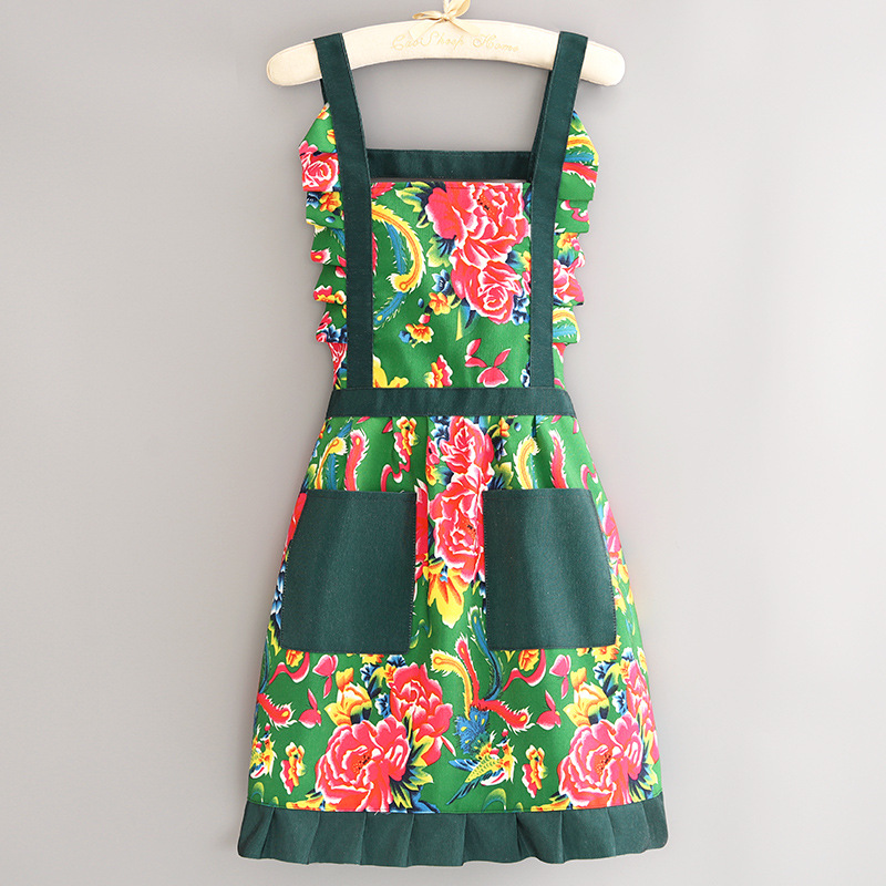 Delantal de estilo étnico de lona de moda, cocina casera, transpirable y antiincrustante, cocina, cintura resistente a la suciedad, ropa de trabajo de granja femenina