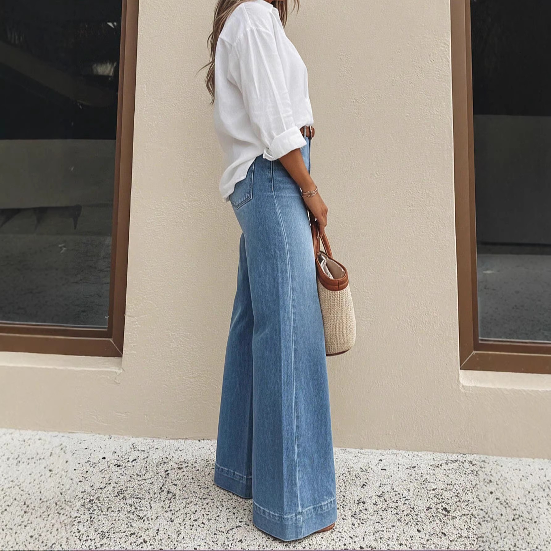 Jeans de Pierna Ancha y Tiro Alto para Mujer en Mezclilla de Algodón con Efecto Lavado image 5