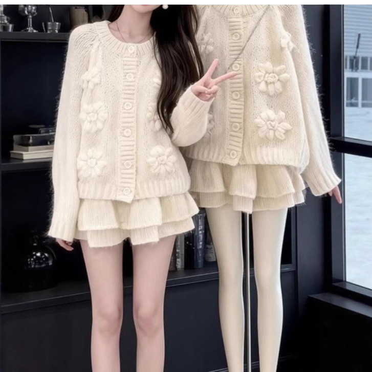 2025 Korean Autumn and Winter Clothing, a Complete Set of Gentle Style Flower Knitted Cardigan Sweater Jacket Women's Skirt Suit Women