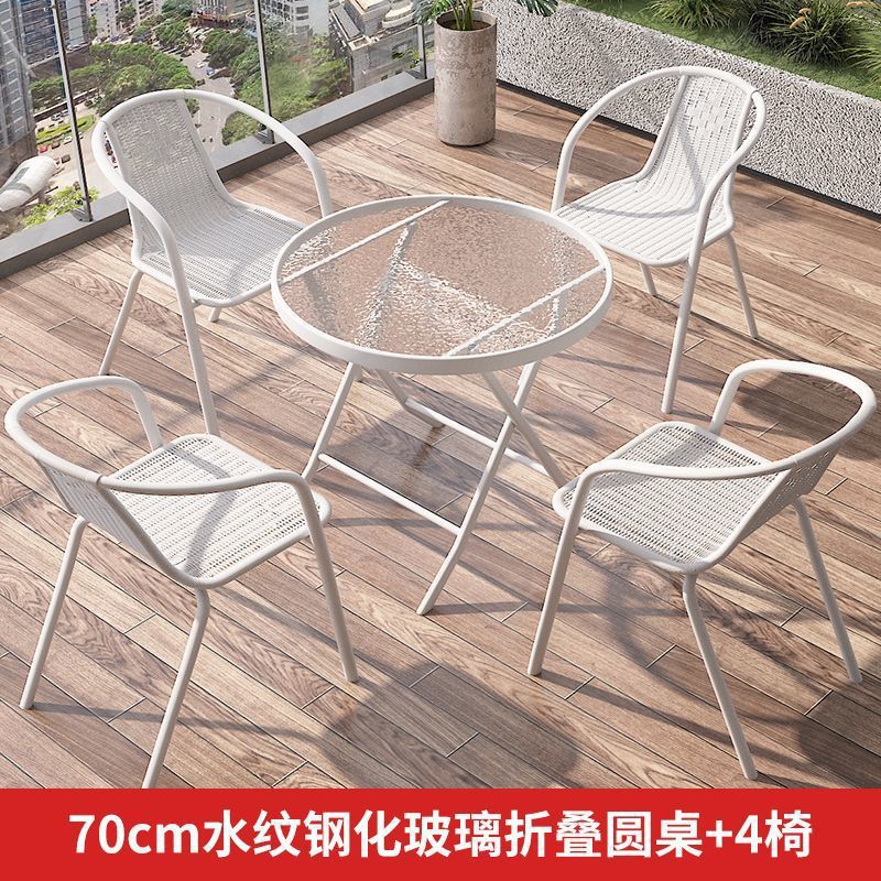 Mesa y silla de balcón de tres piezas, mesas de té casuales, combinación de vidrio blanco plegable, una mesa y dos sillas, mesas de té pequeñas