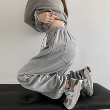 实拍 高腰抽绳松紧腰运动裤春夏新款宽松束脚裤女休闲哈伦卫裤潮