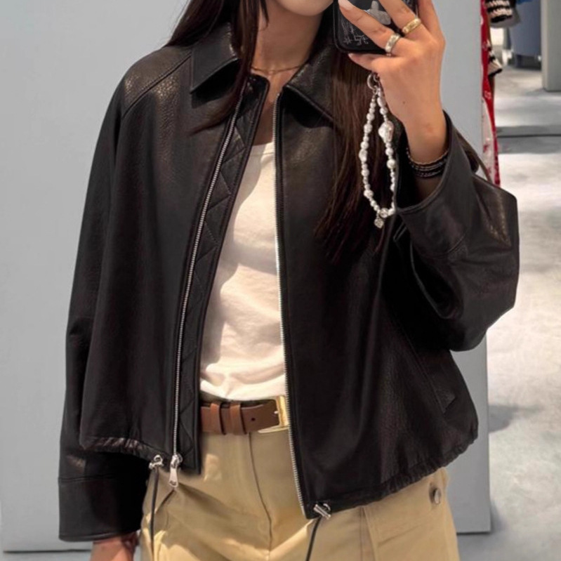 Imported Lambskin Silhouette Short Lapel Leather Jacket Zipper Waist Jacket 2025 Autumn and Winter New Style Imported Lambskin Silhouette Short Lapel Leather Jacket Zipper Waist Jacket 2025 Autumn and Winter New Style