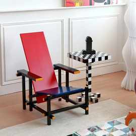 几何孟菲斯单人椅极简象棋边几红蓝椅客厅沙发艺术边几休闲家具