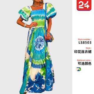 亚马逊气质女装夏季新品欧美泡泡袖数码印花宽松显瘦性感长连衣裙