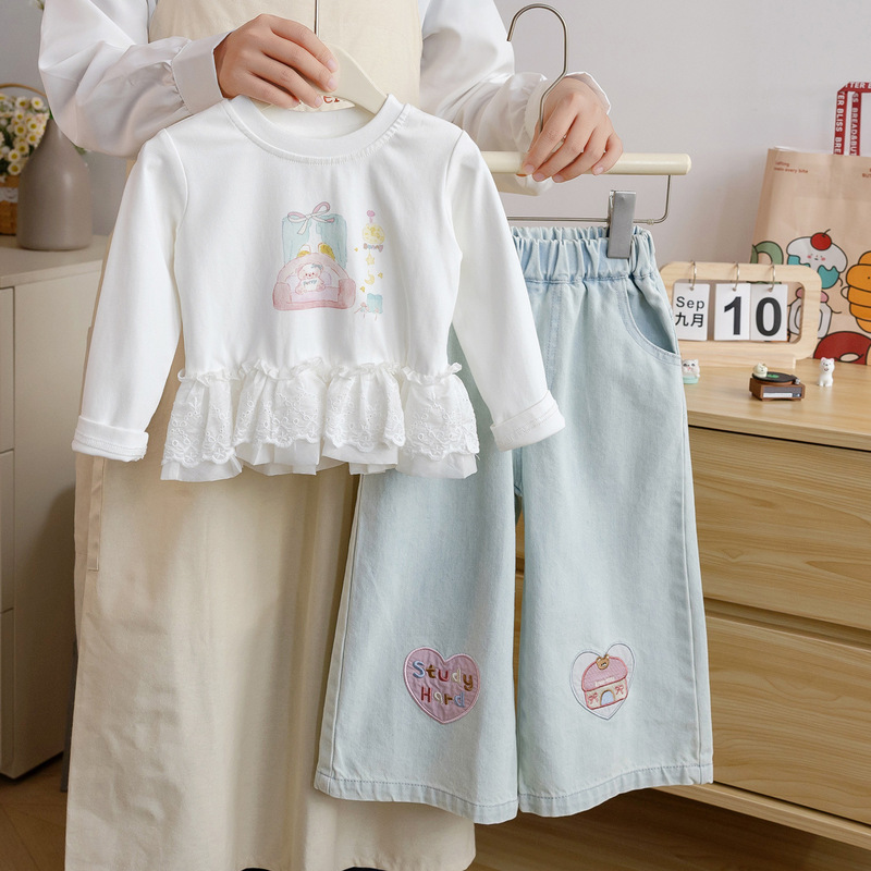 Korean-Style Girls' Spring Cute Outfit 2026 New Trendy Cute Patchwork Skirt Top Heart-Shaped Jeans Fashion