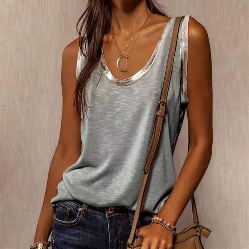 Verano en stock europeo y americano otras fuentes cuello redondo suelto color sólido algodón gris con cuello en V chaleco en forma de I image 3