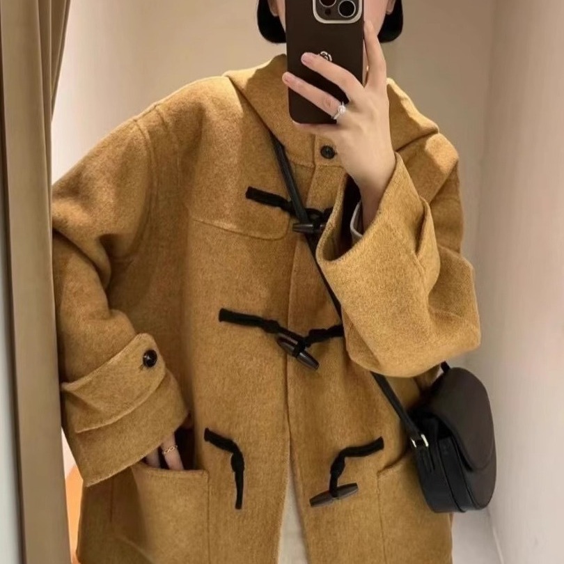 赫本风连帽双面羊毛大衣中长款牛角扣大口袋美拉德系加厚羊绒外套