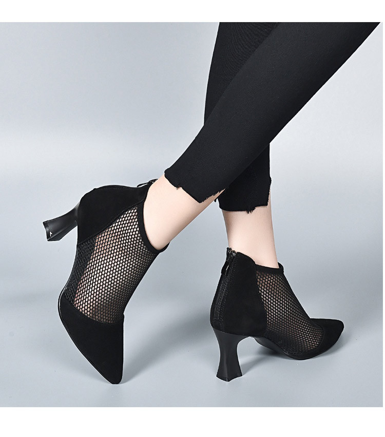 Sandal lưới khoét lỗ mũi nhọn cao gót 6,5 cm — Da cừu mờ + sợi lưới 6,5 cm Gót chi tiết 4