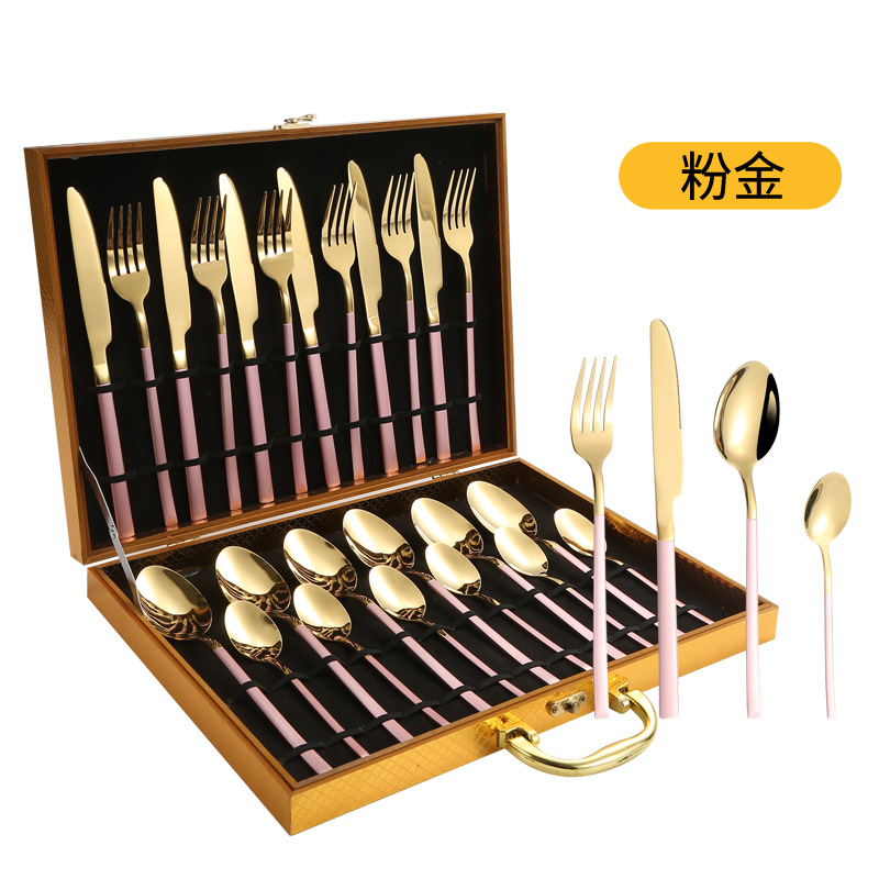 Amazon Venta caliente vajilla de acero inoxidable 24 piezas traje transfronterizo producto Caballero 4 piezas principales cuchillo de comida occidental, tenedor y cuchara traje