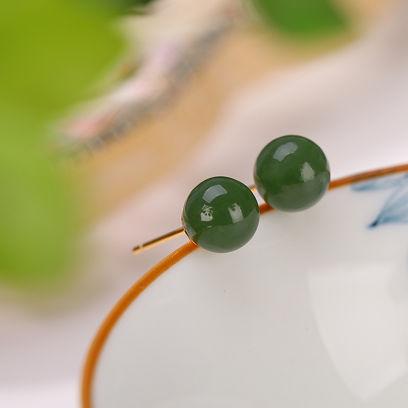 Bông tai nữ bạc S925 mạ vàng đính đá jasper thiên nhiên hạt tròn — Mẫu mạ vàng 8mm (không có đốm đen)