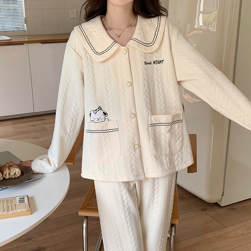 秋と冬の女性用パジャマ、暖かく厚みのある中間層エアコットン長袖ズボン、人形の襟、純綿の甘いホームウェアセット|undefined
