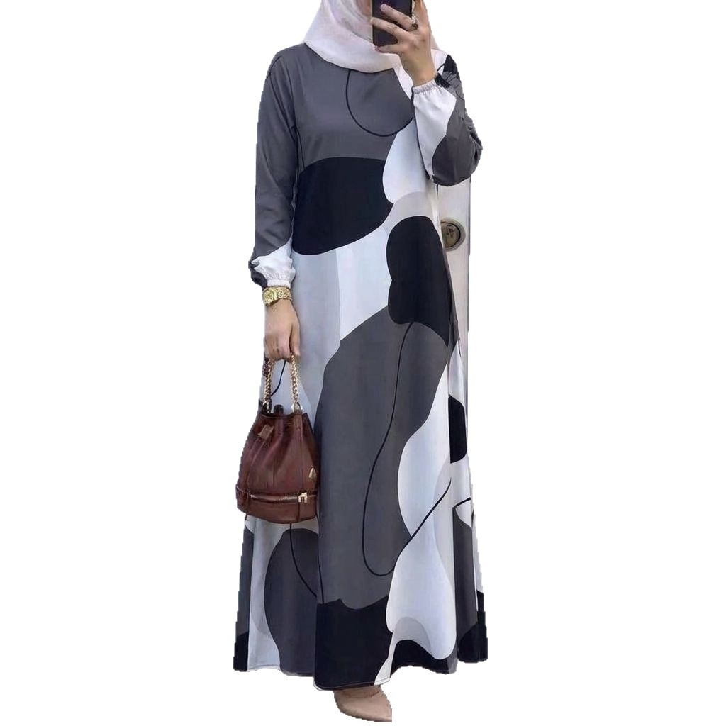 In Stock Cross-Border New Printed Middle Eastern Muslim Malay Full Sleeve Round Neck Robe Long Dress Factory Wholesale_ecoleips.com