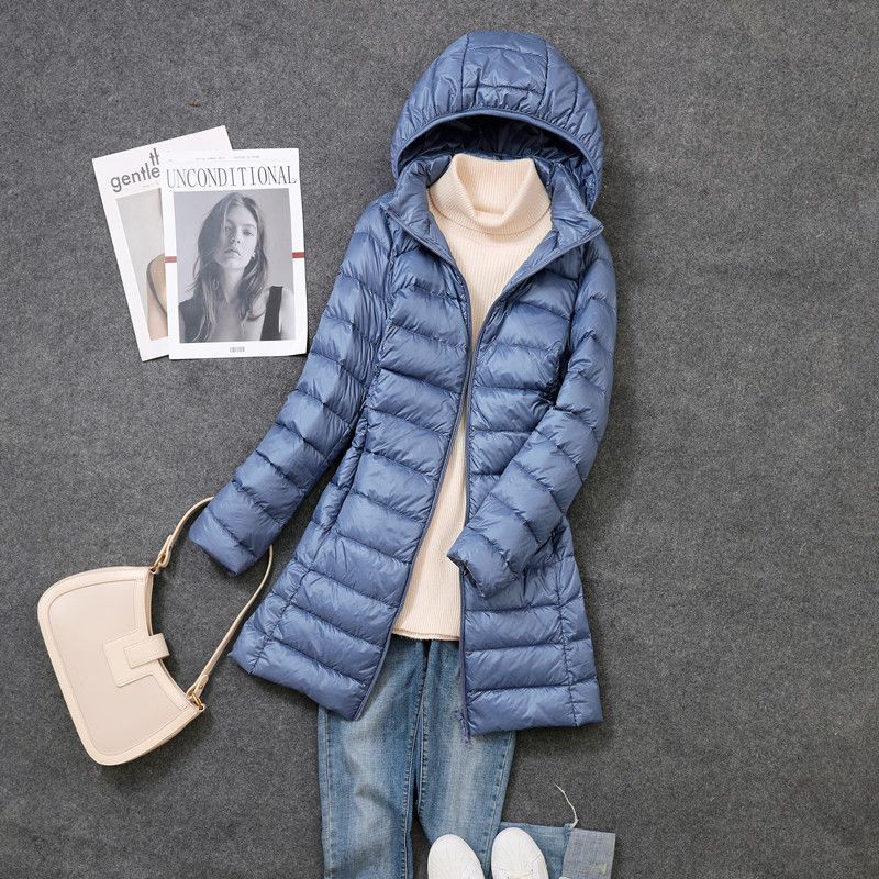 Tik Tok transfronterizo otoño y invierno nuevo chaqueta de plumón ligera de mujeres mediana y larga ropa blanca coreana chaqueta delgada sombrero desmontable