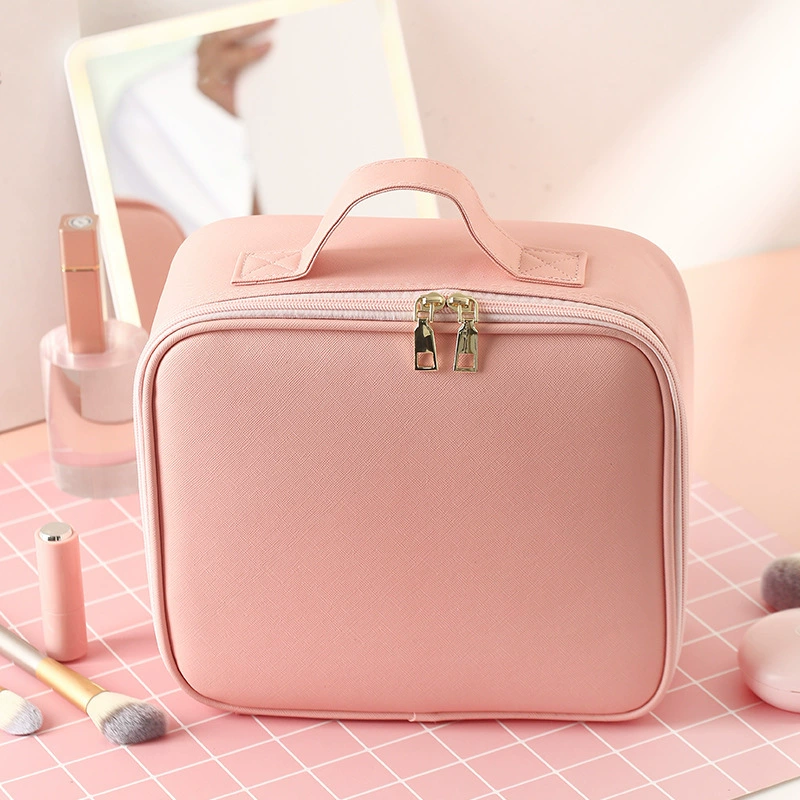 Mirror with light, handheld cosmetic bag, capacious organizer bag