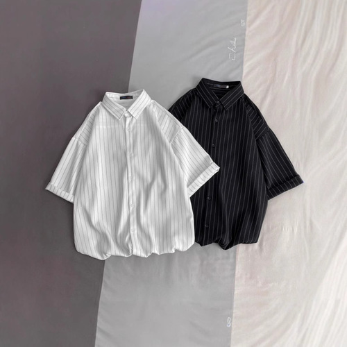 Striped Shirt for Men - Summer Hong Kong Style, Japanese Casual Loose Vertical Striped Collar Shirt, Korean Version Trendy Short Sleeve Shirt for Men