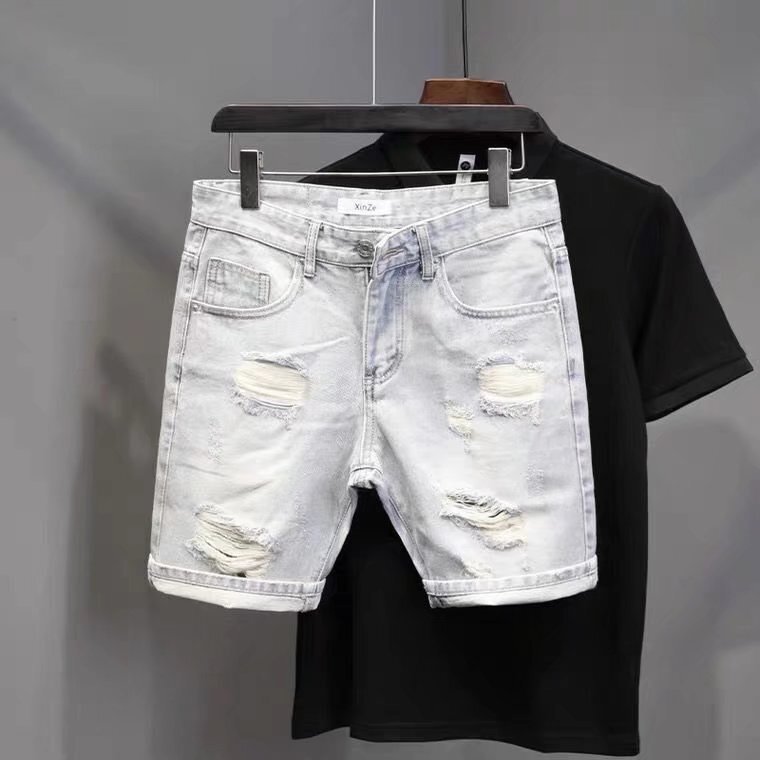 2026 Men's denim shorts, trendy new arrivals, light wash, distressed, five-point shorts, mid-length shorts, street style