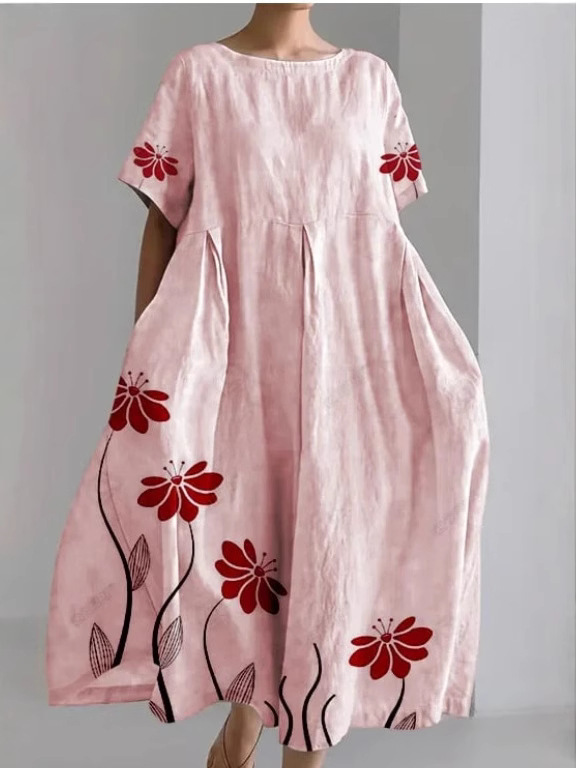 亚马逊跨境夏季新品欧美女装宽松圆领时尚高级短袖印花连衣裙工厂|undefined