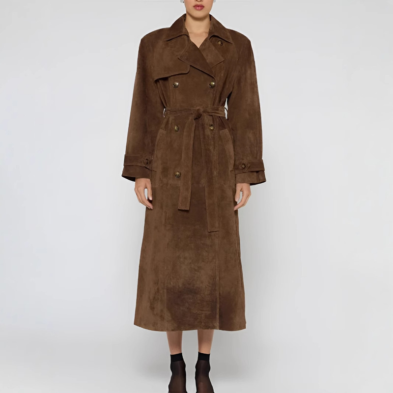 In-Stock European and American Cross-Border Autumn and Winter Women's Retro Coat with a Brown Tie Waist and Extended Length