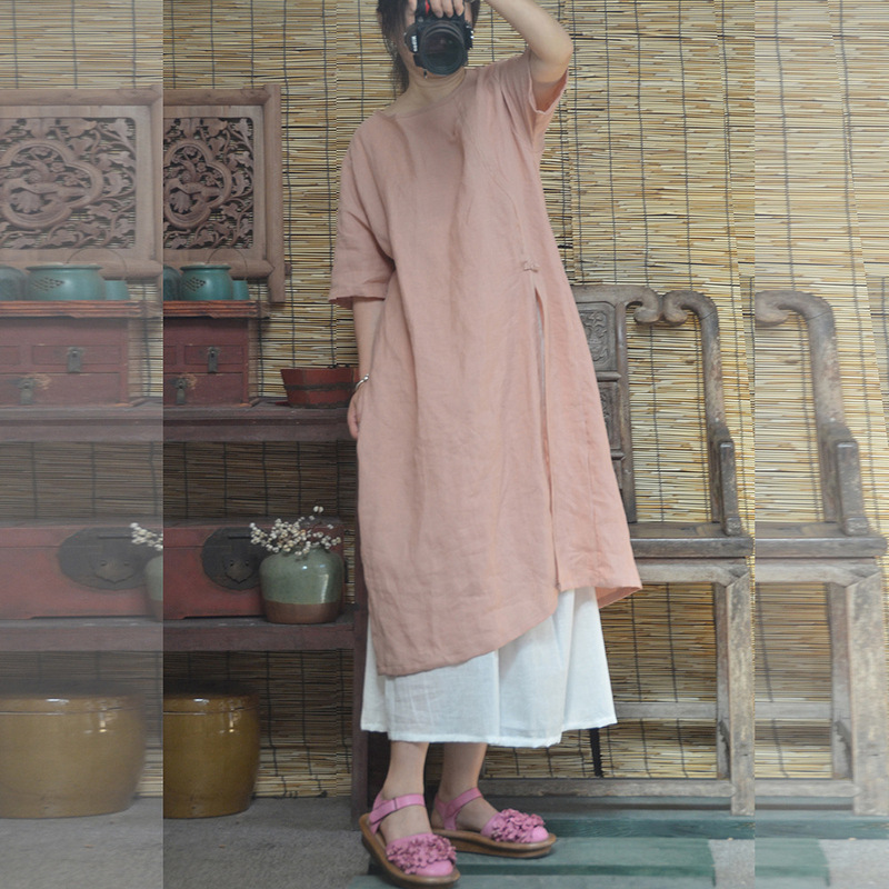 That year's cloth 1806/single fragrant summer new Ramie retro buckle cheongsam round neck original cotton and linen dress dress
