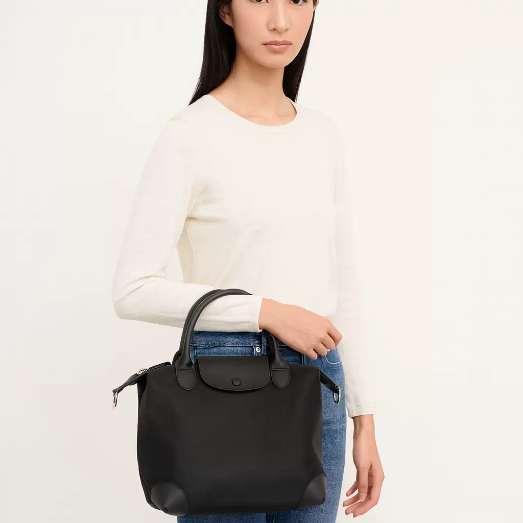 灰色真皮拼接尼龙托特包 女士手提斜挎包 大容量通勤包长柄单肩包