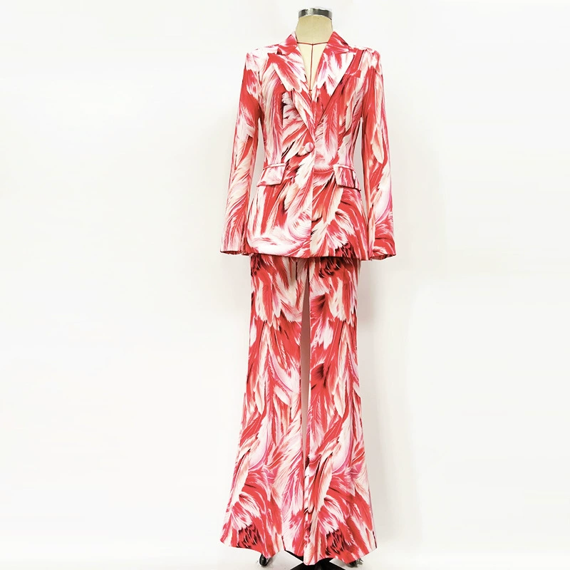 Высококачественный костюм 2021, новый европейский элегантный костюм знаменитостей с принтом перьев, тонкий комплект из двух предметов с расклешенным низом