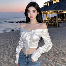 TZ5188辣妹性感一字肩蝴蝶结衬衫女新款高级感气质修身内搭短上衣