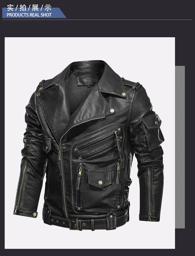 Mens Motorcycle PU Leather Jacket Multi-pocket Zipper Leather