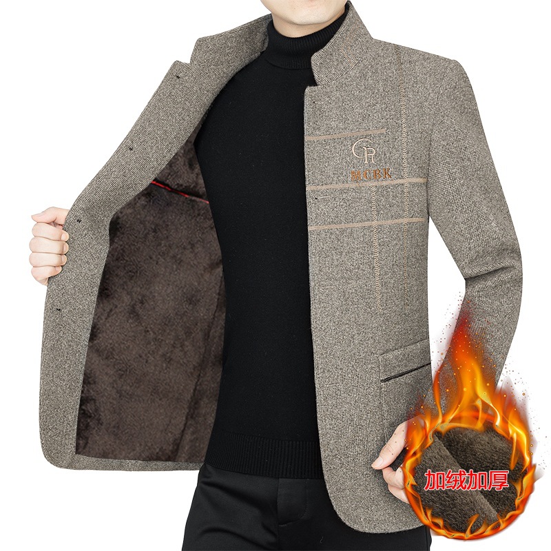 Chaqueta de lana gruesa para hombres de mediana edad, otoño e invierno 2025, cuello alto, estilo casual de negocios, abrigo de lana para papá