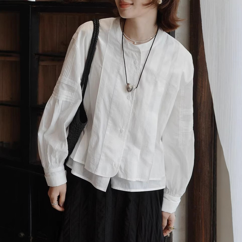 White Light Studio Soft Light Sheer Fabric" 26ss Early Spring New Product 100-count Full Cotton French Puff Sleeve White Shirt