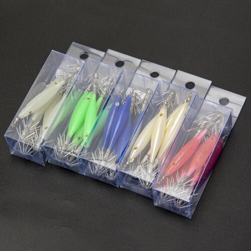Cross-border 5pcs lure multi-color umbrella hook wooden shrimp fake bait luminous sea fishing 8cm mini luminous squid hook blowing barrel hook