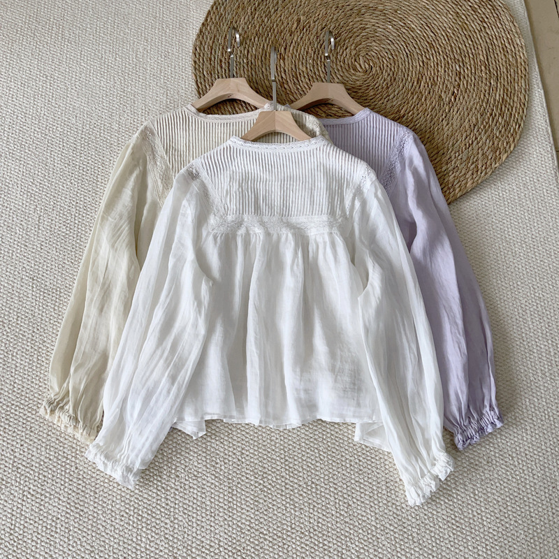 Two-sided ~ Sweet Llace Collar Ramie Shirt Women's 25 New Loose Age-reducing All-match Long-sleeved Shirt Two-sided ~ Sweet Llace Collar Ramie Shirt Women's 25 New Loose Age-reducing All-match Long-sleeved Shirt