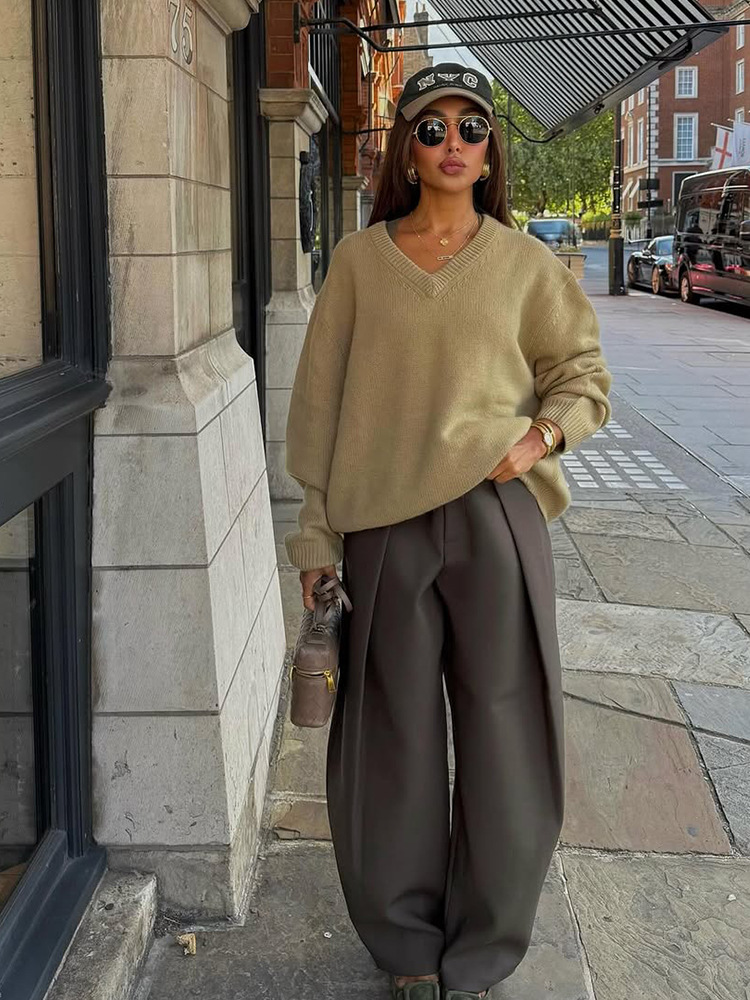 Nicho coreano estilo casual estilo sólido color V cuello roscado suéter 2025 otoño y invierno nuevo estilo transfronterizo europeo y americano