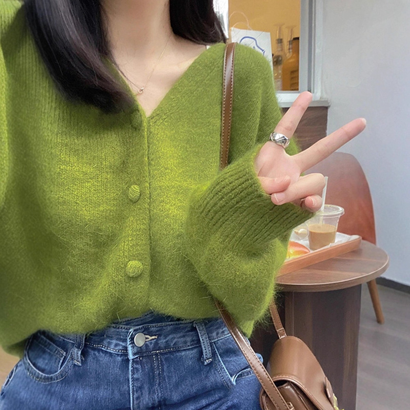 Spring Avocado Green Knitted Cardigan for Women, Lazy Outer Sweater Jacket, Retro Soft Waxy V Neck Top