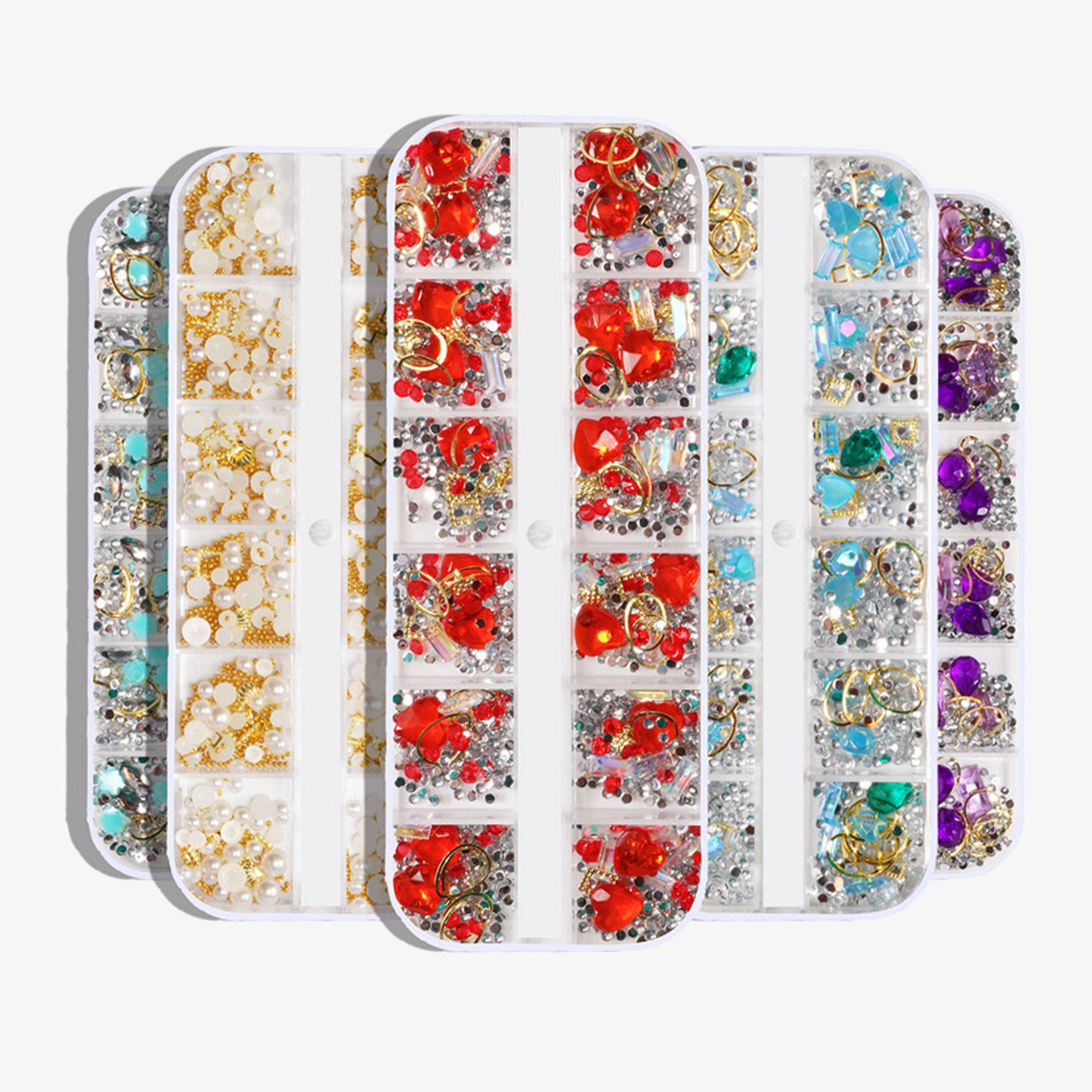 Nuevo producto transfronterizo uñas 12 cuadros caja de tiras largas joyas remaches perlas diamantes de imitación diamantes de vidrio brocas de uñas mixtas