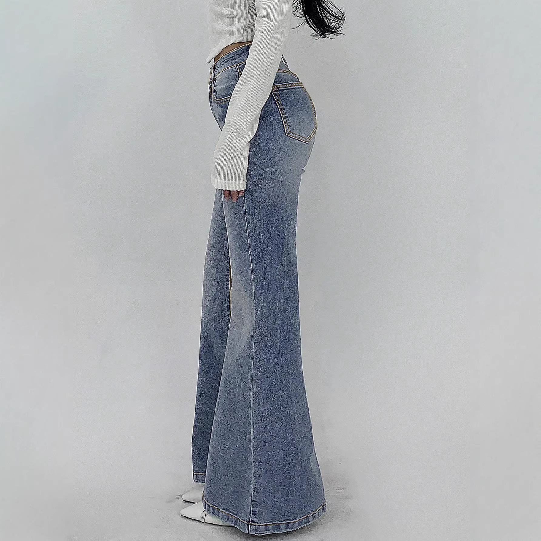Women's Clothing High Waisted Flared Jeans, Street Style, Stretchy Slim Fit, With Pockets, Slightly Flared._ecoleips.com