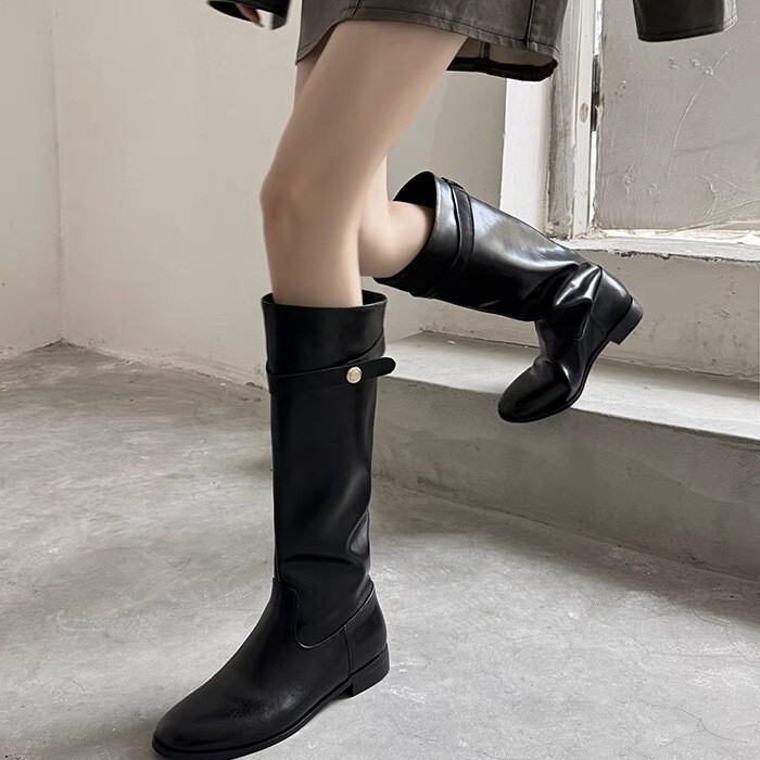 牛皮小金币扣带粗跟厚底中长筒骑士靴女秋冬高筒长靴骑士靴长靴女|undefined