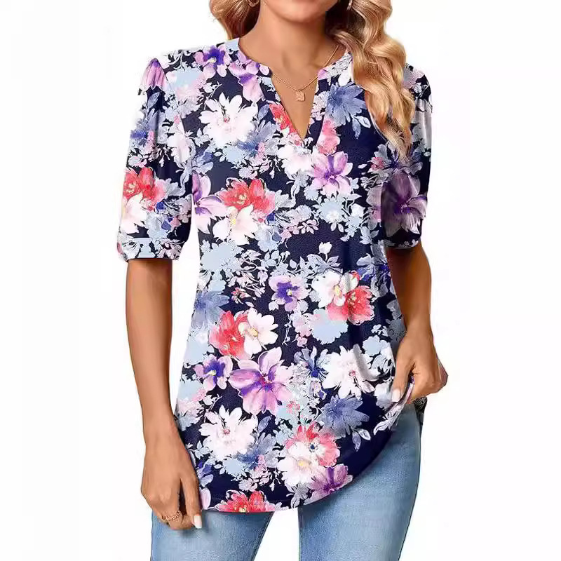 2025 Cross-Border New Women's T-Shirt Waist Top Casual Floral Shirt Short-Sleeved Fashion V-Neck Henry Shirt