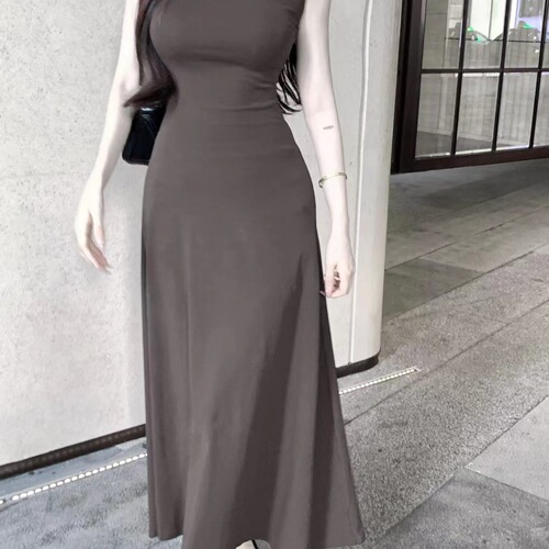 New Korean a-line dress, slim, slimming and square-collar, blue dress, women's summer French-style short-sleeved long dress
