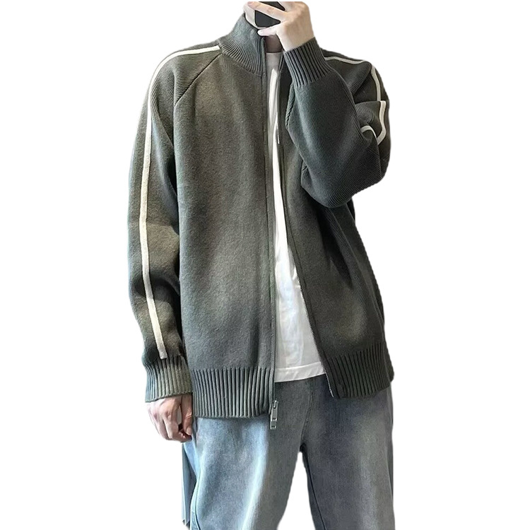 Explosiones transfronterizas de tamaño grande europeo a rayas cardigan suéter de punto chaqueta de hombre chaqueta de doble cremallera fábrica de marea al por mayor