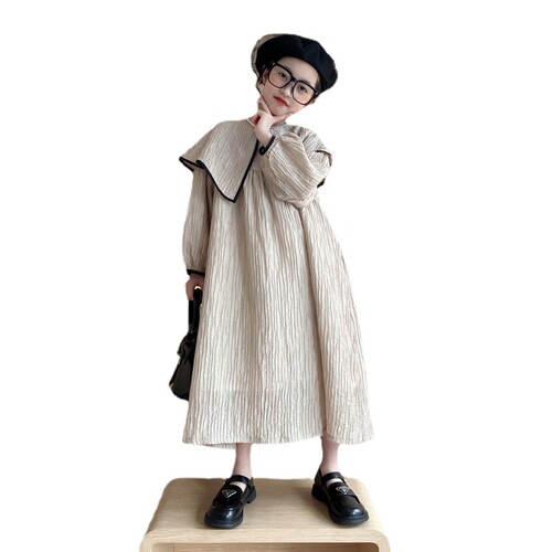QZ6666 Spring New Korean Version Children's Dress with Large Cape Collar, Long Sleeve, High Waist Dress for Parent-Child Set, Girls' Long Dress