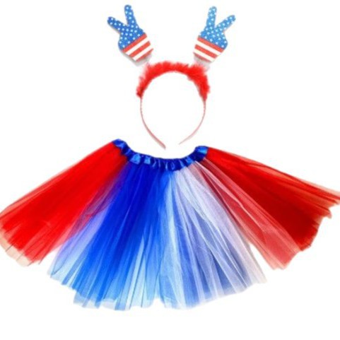 Nuevos accesorios de traje del Día de la Independencia de EE. UU. Falda tutú para adultos, hebilla para el cabello, pulsera, guantes de red, accesorios de vestir