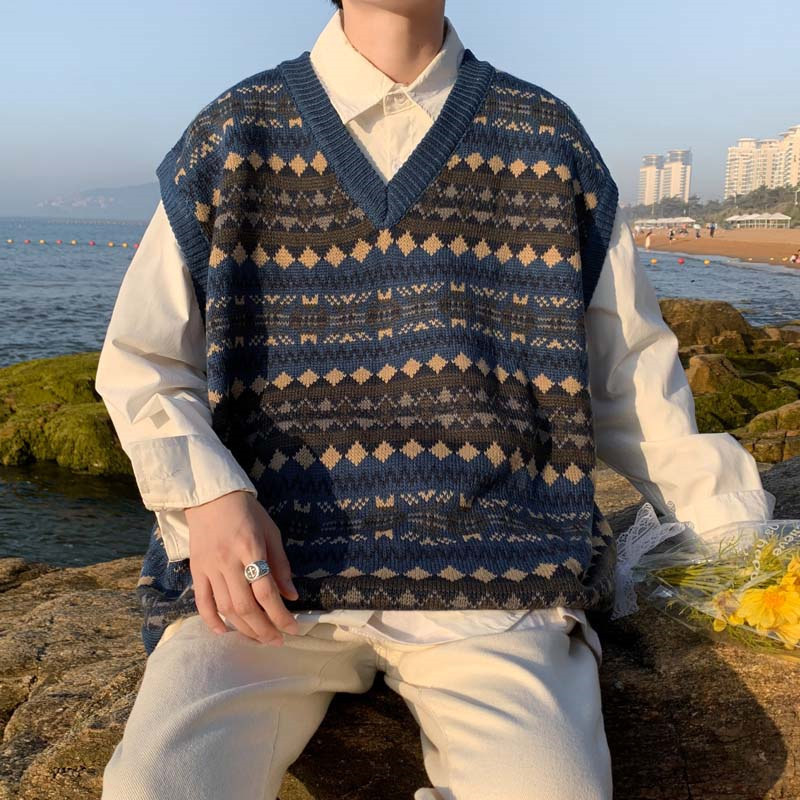 Estilo coreano 2023 otoño nuevo suéter chaleco rayas suéter costura suéter sin mangas V-cuello nueva llegada