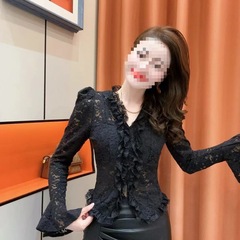 2025年新品法式新品感纯色领拼接花边长袖蕾丝衫女春秋季新款修身