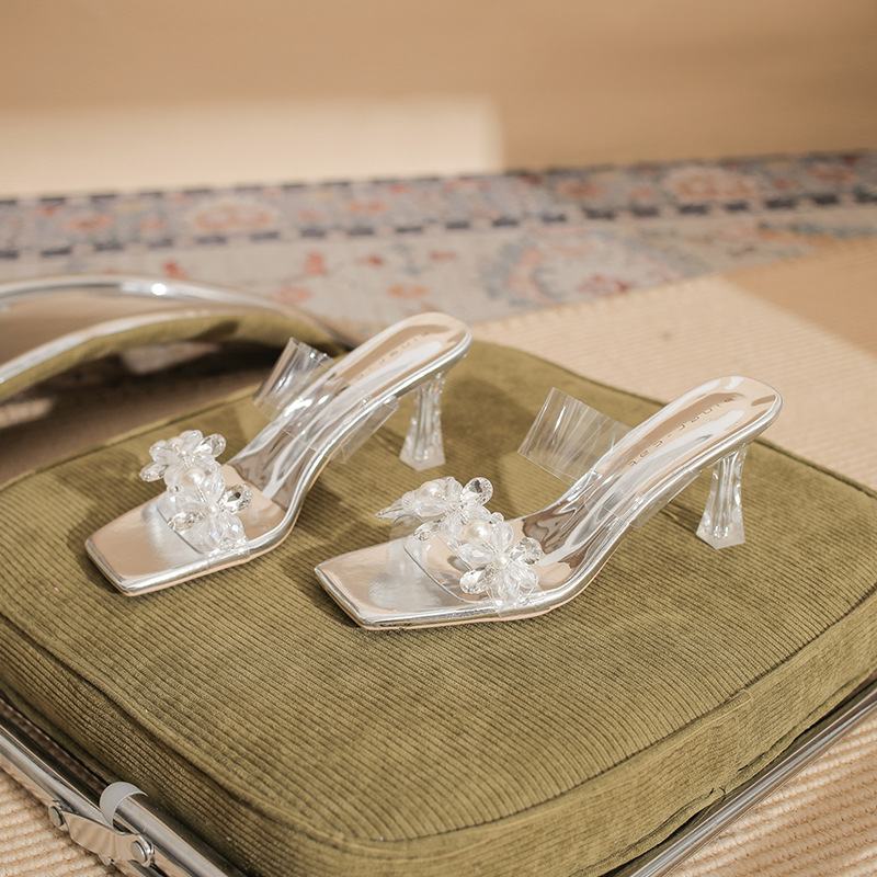7315 Women's High-Heeled Slippers 2026 Summer New Transparent Crystal Heel Square-Toed Thin-Heeled Sandals_vogvips.com