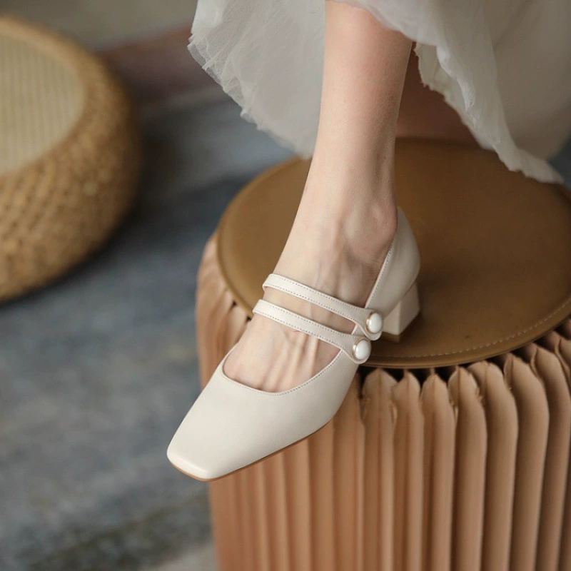 Французские Ретро Высокие Каблуки Белая Девушка Жемчужина Мэри Джейн Обувь На Коренастом Каблуке Сказочная Обувь 2023 Одиночная Обувь В Колледжном Стиле