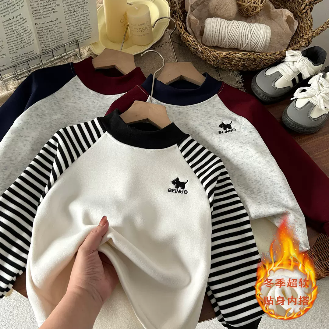 儿童加绒上衣男女童半高领刺绣卫衣加绒加厚秋冬百搭柔软韩版长袖