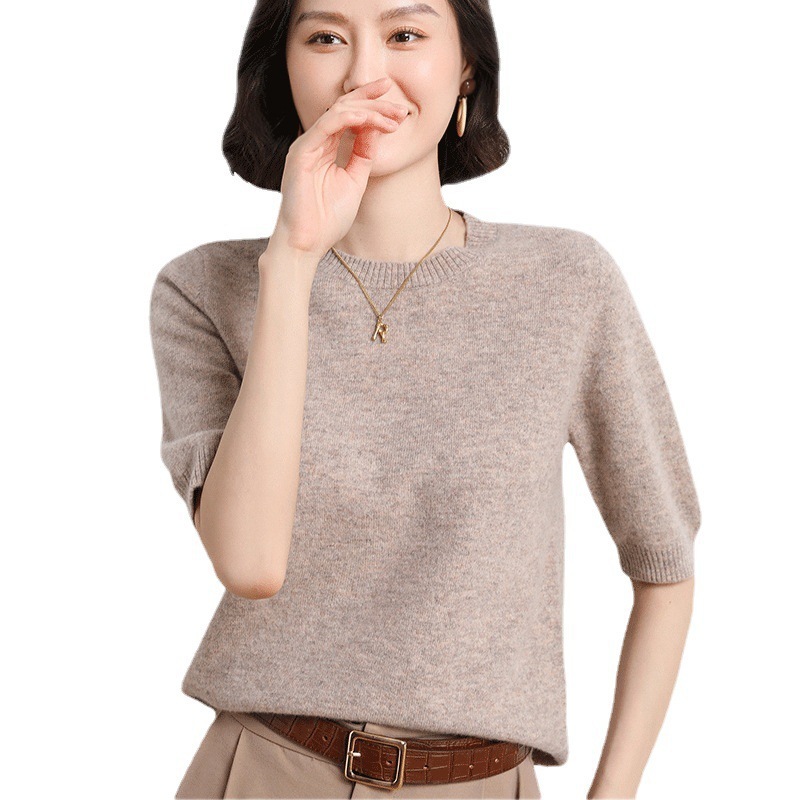 2025年春夏新作ニット半袖女性丸襟ボトムニットプルオーバー半袖セーターゆるいボトムセーター|undefined