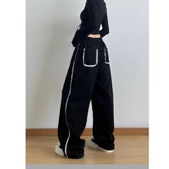レースブラック春秋カジュアルパンツ女性ストレートパンツ2025秋冬新作ワイド脚着痩せダンスパンツ