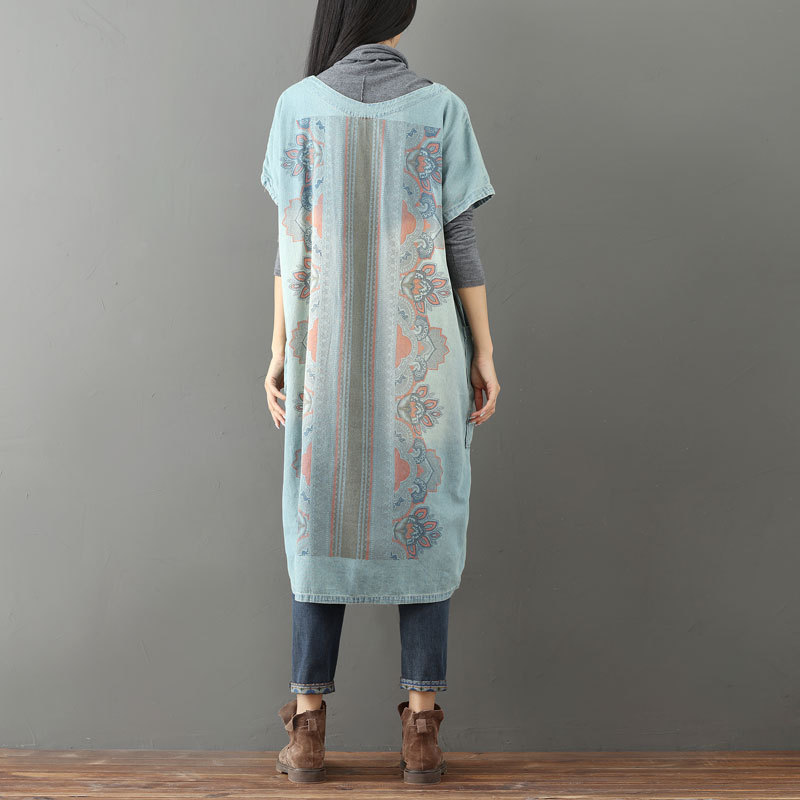 Vintage Robe Printed Distressed Worn Large Pocket Short Sleeve Dress